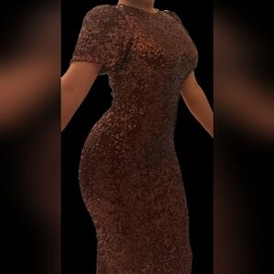 Brown Copper Sequin Short Sleeve Pencil Dress